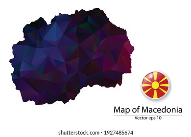 Abstract Polygon Map and Button Flag - Vector illustration Low Poly Color Dark Macedonia map of isolated. Vector eps10.