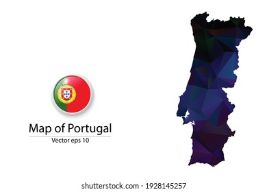Abstract Polygon Map and Button Flag - Vector illustration Low Poly Color Dark Portugal map of isolated. Vector eps10.