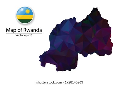 Abstract Polygon Map and Button Flag - Vector illustration Low Poly Color Dark Rwanda map of isolated. Vector eps10.