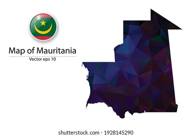 Abstract Polygon Map and Button Flag - Vector illustration Low Poly Color Dark Mauritania map of isolated. Vector eps10.