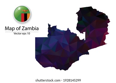 Abstract Polygon Map and Button Flag - Vector illustration Low Poly Color Dark Zambia map of isolated. Vector eps10.