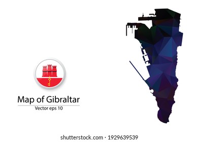 Abstract Polygon Map and Button Flag - Vector illustration Low Poly Color Dark Gibraltar map of isolated. Vector eps10.
