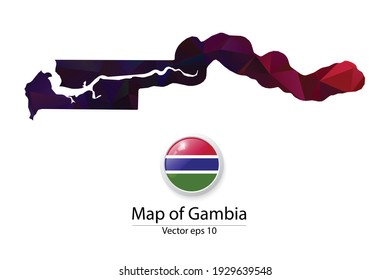 Abstract Polygon Map and Button Flag - Vector illustration Low Poly Color Dark Gambia map of isolated. Vector eps10.