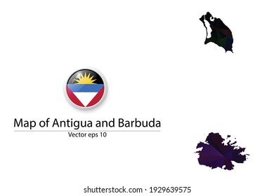 Abstract Polygon Map and Button Flag - Vector illustration Low Poly Color Dark Antigua and Barbuda map of isolated. Vector eps10.