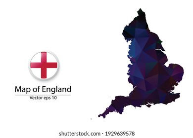 Abstract Polygon Map and Button Flag - Vector illustration Low Poly Color Dark England map of isolated. Vector eps10.
