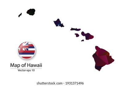 Abstract Polygon Map and Button Flag - Vector illustration Low Poly Color Dark Hawaii map of isolated. Vector eps10.