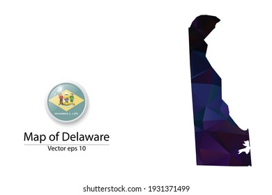 Abstract Polygon Map and Button Flag - Vector illustration Low Poly Color Dark Delaware map of isolated. Vector eps10.