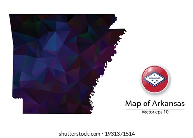 Abstract Polygon Map and Button Flag - Vector illustration Low Poly Color Dark Arkansas map of isolated. Vector eps10.