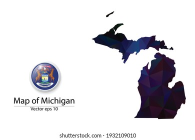 Abstract Polygon Map and Button Flag - Vector illustration Low Poly Color Dark Michigan map of isolated. Vector eps10.