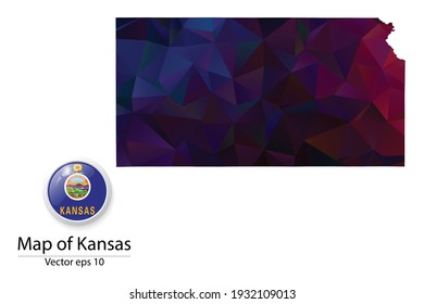 Abstract Polygon Map and Button Flag - Vector illustration Low Poly Color Dark Kansas map of isolated. Vector eps10.