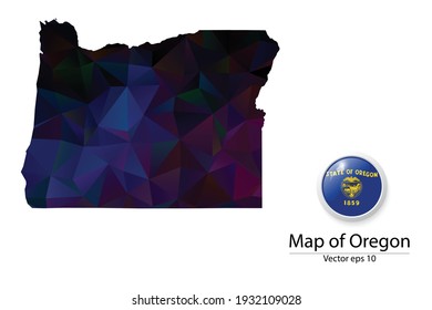 Abstract Polygon Map and Button Flag - Vector illustration Low Poly Color Dark Oregon map of isolated. Vector eps10.