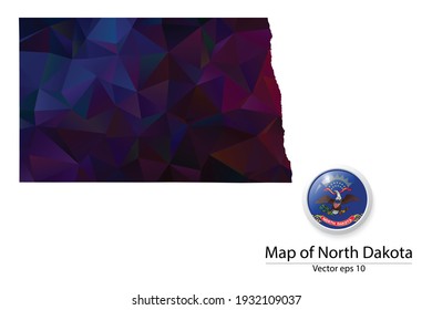 Abstract Polygon Map and Button Flag - Vector illustration Low Poly Color Dark North Dakota map of isolated. Vector eps10.