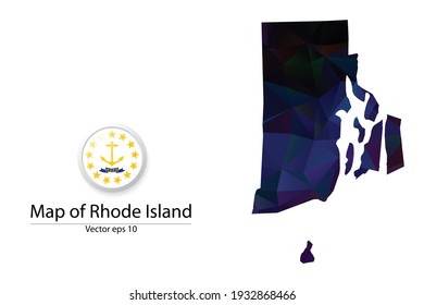 Abstract Polygon Map and Button Flag - Vector illustration Low Poly Color Dark Rhode Island map of isolated. Vector eps10.