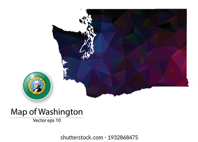 Abstract Polygon Map and Button Flag - Vector illustration Low Poly Color Dark Washington map of isolated. Vector eps10.