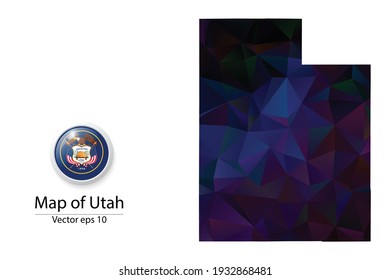 Abstract Polygon Map and Button Flag - Vector illustration Low Poly Color Dark Utah map of isolated. Vector eps10.