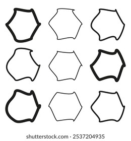 Formas de polígono abstratas. Linhas irregulares desenhadas à mão. Elementos vetoriais com contorno preto. Design minimalista geométrico.