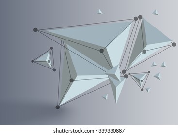 Abstract polygonal 3d elemnt with dots and lines .Polygons connection with realistic shadow . Concept illustration for business or science.