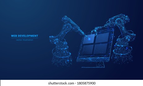  Abstract polygonal 3d illustration of computer screen and robotics in dark blue. Innovative web development, app or website design concept. Digital vector mesh with lines, dots, stars and particles
