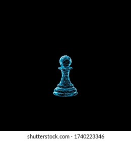 Abstract polygonal 3d illustration of pawn chess piece. Digital vector mesh art consisting of blue lines, dots and triangles looks like starry sky. Chess game concept isolated in black background
