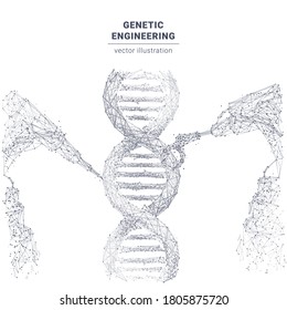 Abstract Polygonal 3d Robotic Arm And Tool Modifying DNA Helix. DNA Molecules And Robotics Vector Sketch Illustration. Genetic Engineering, Nanotechnology, Science, Medicine Concept Isolated In White
