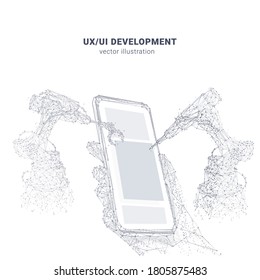 Abstract polygonal 3d wireframe of robotics and hand holding phone isolated in white. Innovative UX UI development, mobile app or website concept. User experience, user interface vector hand drawing
