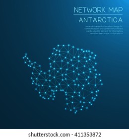 Abstract polygonal Antarctica network map design with glowing dots and lines. Map of Antarctica networks. Vector illustration.