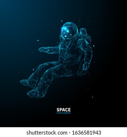 Abstract polygonal astronaut in outer space. Blue low poly wireframe cosmos vector illustration on dark technology background. Starry sky, polygons, lines, particles and connected dots. UFO concept.