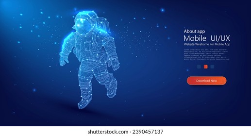 Abstract polygonal astronaut in outer space. Astronaut in a space suit is flying in space in low poly style isolated on a blue background. Vector illustration