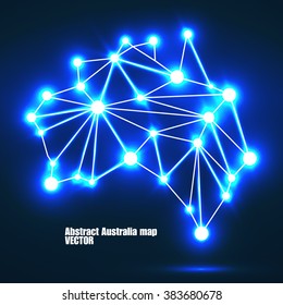 Abstract polygonal Australia map with glowing dots and lines, network connections. Vector illustration. Eps 10