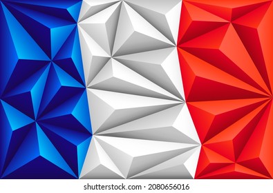 Resumen de fondo poligonal con franjas coloreadas azules, blancas y rojas de la bandera francesa. Bandera poligonal de Francia. Ilustración vectorial.
