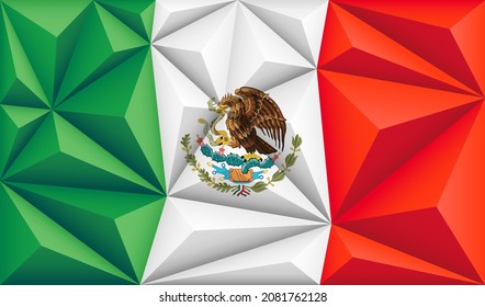 Abstract polygonal background with colorful green, white and red stripes of the Mexican flag. Mexico polygonal flag. Vector illustration.