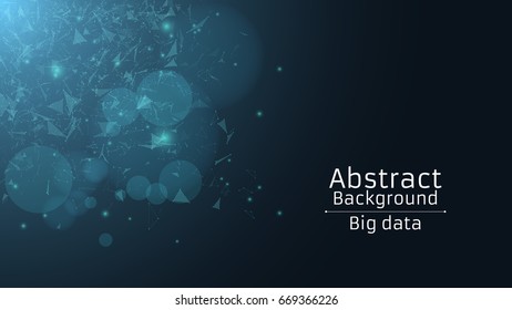 Abstract polygonal background from connected triangles and dots. Modern technologies in design. Luminous particles of blue in the dark. Side view. Vector illustration