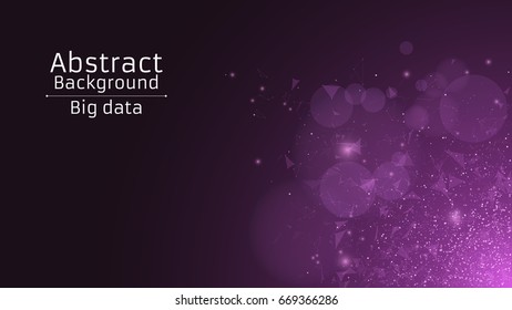 Abstract polygonal background from connected triangles and dots. Modern technologies in design. The luminous particles are purple in the dark. Side view. Vector illustration