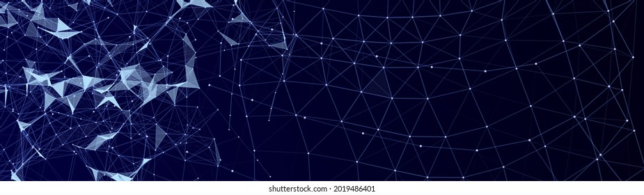 Abstract polygonal background with connecting dots and lines. Vector technology background. Digital interlacing of glowing lines, dots and triangles. 3d vector illustration