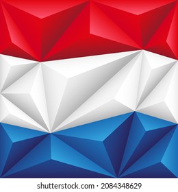 Abstract polygonal background in the form of colorful blue, white and red stripes of the Dutch flag. Netherlands polygonal flag. Vector illustration.