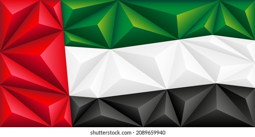 Abstract polygonal background in the form of colorful black, red, green and white pyramids and polygons. UAE polygonal flag. Vector illustration.