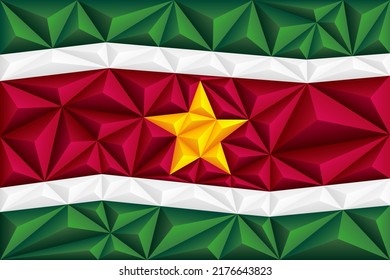 Abstract polygonal background in the form of colorful green, white and red stripes of the Surinamese flag. Polygonal flag of Suriname. Vector illustration.