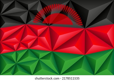 Abstract polygonal background in the form of colorful black, red and green stripes of the Malawian flag. Polygonal flag of Malawi. Vector illustration.