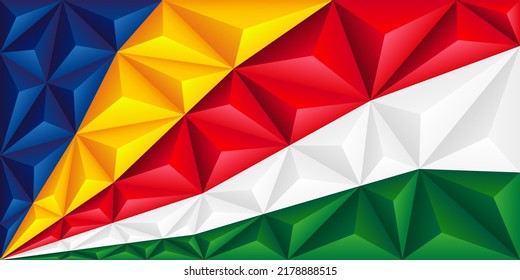 Abstract polygonal background in the form of colorful blue, yellow, red, white and green stripes. Seychelles polygonal flag. Vector illustration.
