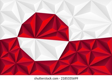 Resumen del fondo poligonal en forma de franjas coloreadas rojas y blancas de la bandera de Groenlandia. Bandera poligonal de Groenlandia. Ilustración vectorial.