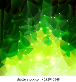 Abstract polygonal background in green shades with sparks