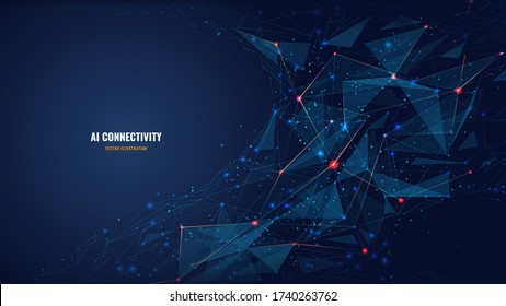 Abstract polygonal background from lines, dots and glowing particles with plexus effect. Artificial intelligence connectivity or technology concept. Digital vector mesh illustration in dark blue 
