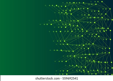 Abstract polygonal background with mesh of lines and dots. 3D effect with shadow. Green space for your design or headline. Futuristic template. Geometric style. 