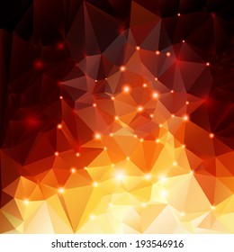 Abstract polygonal background in orange shades with sparks
