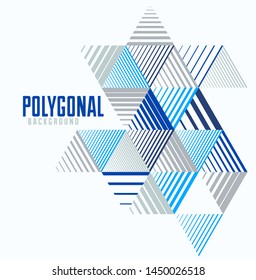Abstract polygonal background with stripy triangles and 3D cubes vector design. Template for different advertising or covers or banners. Retro style graphic element.