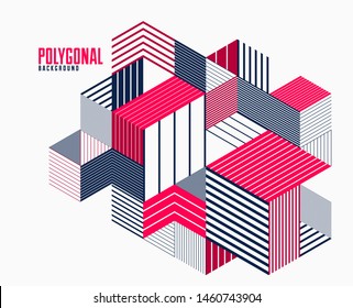 Abstract polygonal background with stripy triangles and 3D cubes vector design. Template for different advertising or covers or banners. Retro style graphic element.