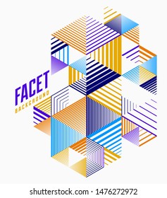 Abstract polygonal background with stripy triangles and 3D cubes vector design. Template for different advertising or covers or banners. Retro style graphic element.