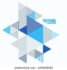 Abstract polygonal background with stripy triangles and 3D cubes vector design. Template for different advertising or covers or banners. Retro style graphic element.