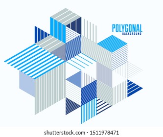 Abstract polygonal background with stripy triangles and 3D cubes vector design. Template for different advertising or covers or banners. Retro style graphic element.