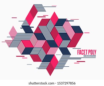 Abstract polygonal background with stripy triangles and 3D cubes vector design. Template for different advertising or covers or banners. Retro style graphic element.